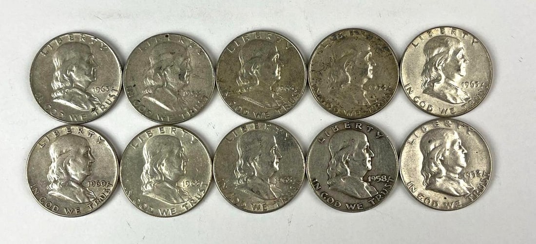 Group of 10 US Franklin 90 % Silver Half Dollars: Includes years 1963, 1958, 1960 and more.