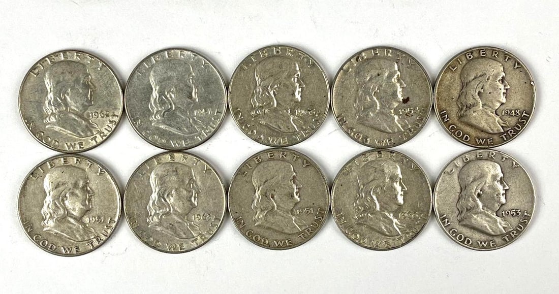 Group of 10 US Franklin 90 % Silver Half Dollars (1 of 1)