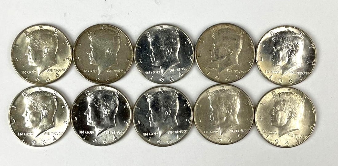 Group of 10 1964 US Kennedy 90 % Silver Half Dollars (1 of 1)