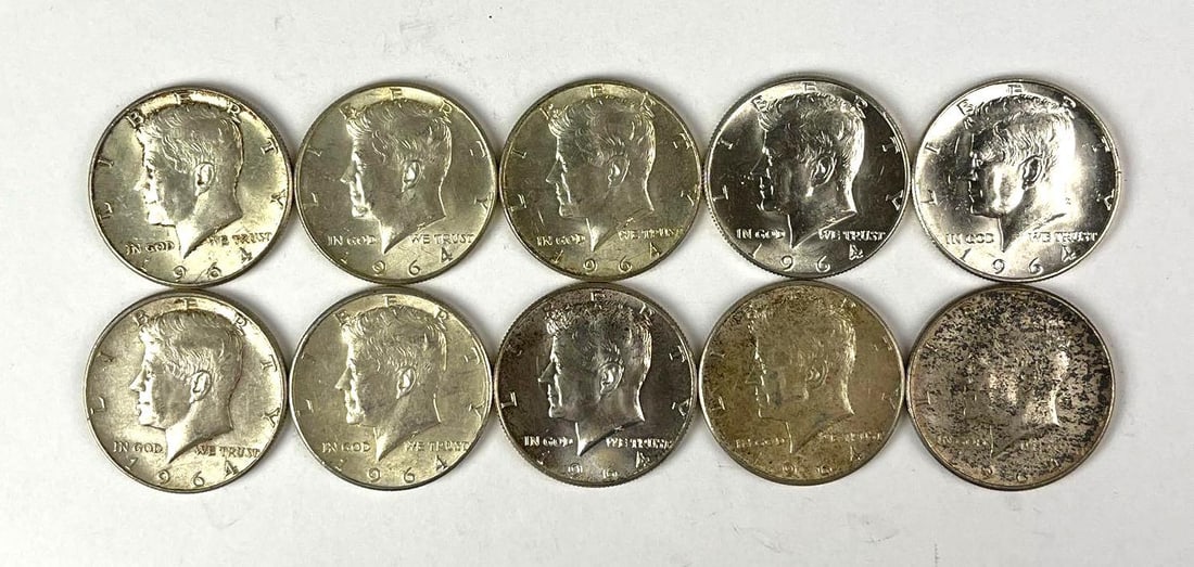 Group of 10 1964 US Kennedy 90 % Silver Half Dollars (1 of 1)