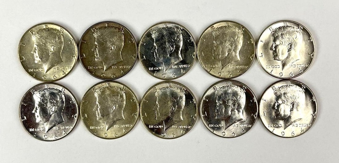 Group of 10 1964 US Kennedy 90 % Silver Half Dollars (1 of 1)
