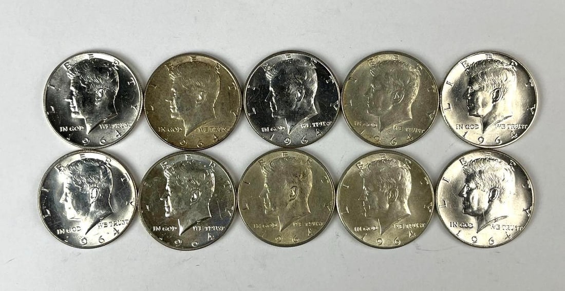Group of 10 1964 US Kennedy 90 % Silver Half Dollars (1 of 1)