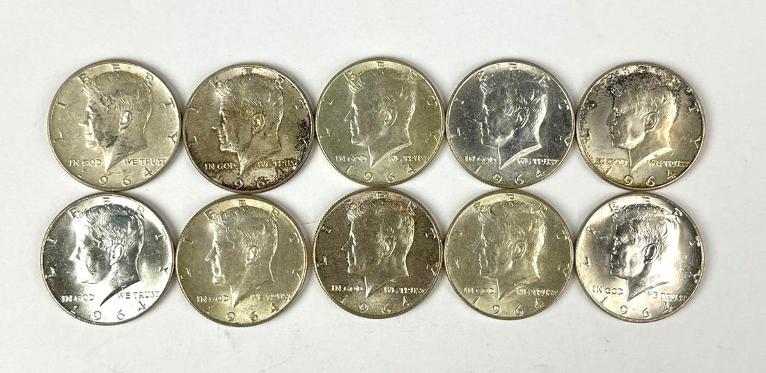 Group of 10 1964 US Kennedy 90 % Silver Half Dollars (1 of 1)