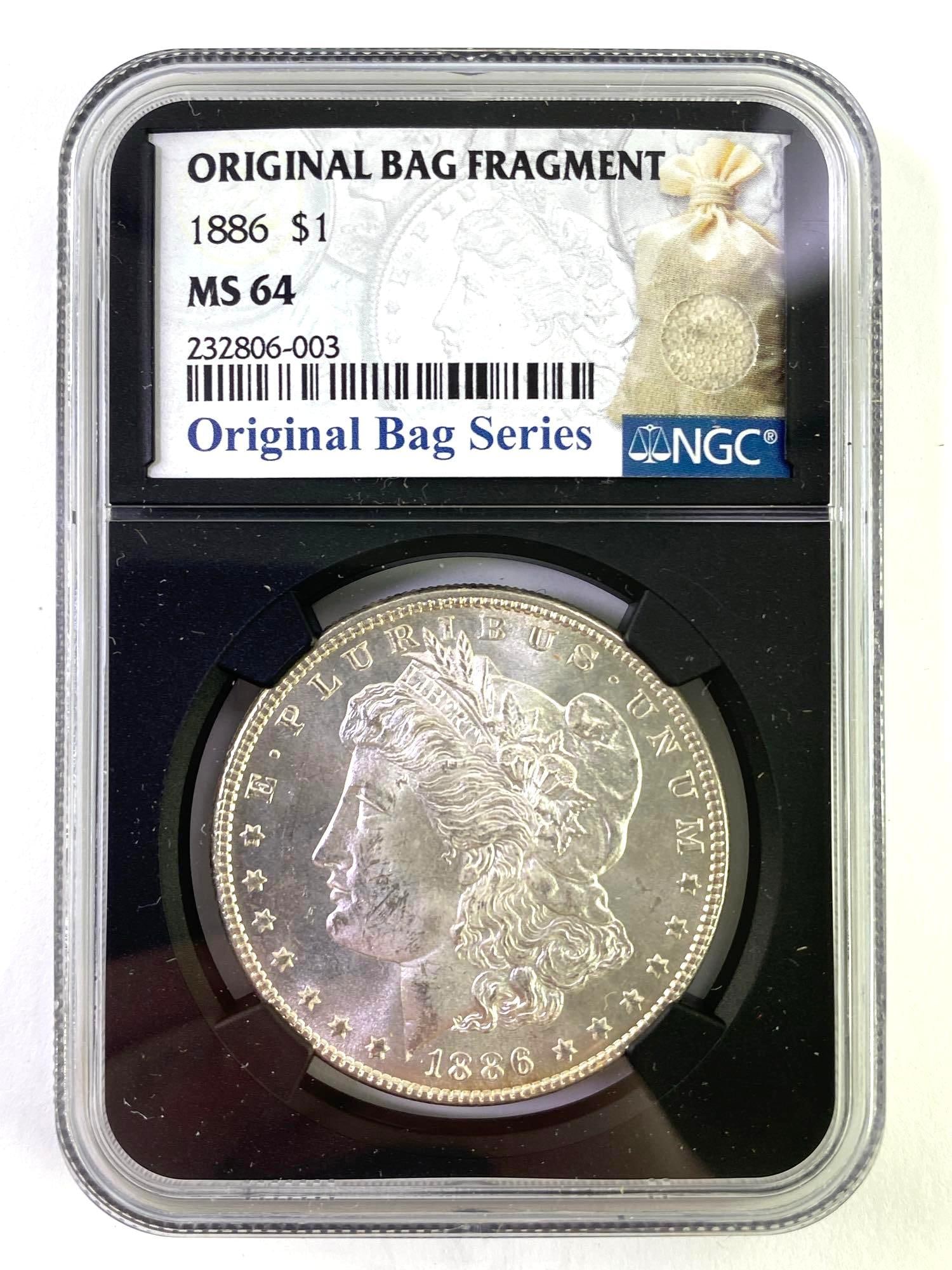 Original Bag Fragment 1886 NGC Graded MS 64 US Morgan Silver Dollar: 1886 NGC Graded US Morgan Silver Dollar