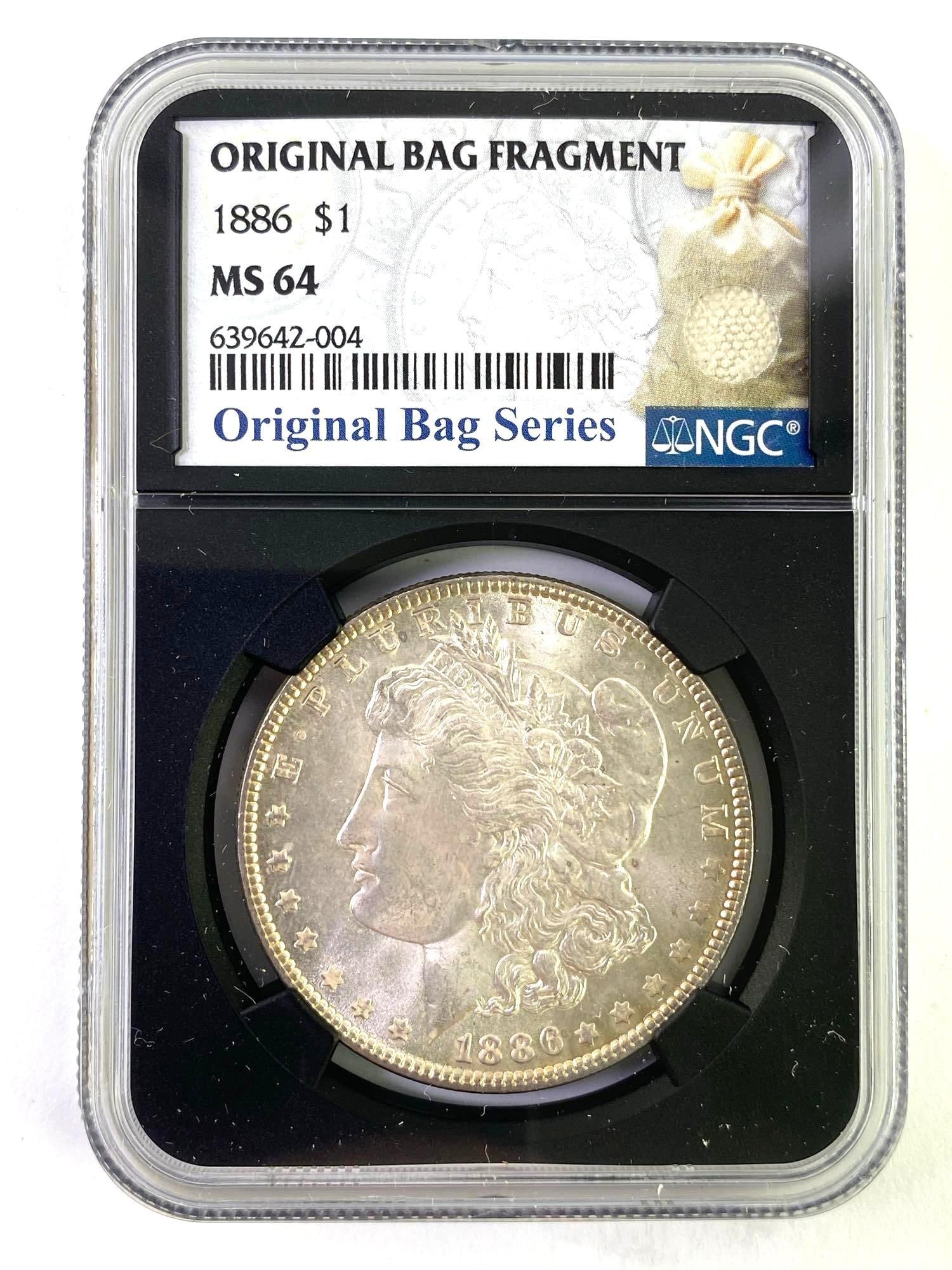 Original Bag Fragment 1886 NGC Graded MS 64 US Morgan Silver Dollar: 1886 NGC Graded US Morgan Silver Dollar