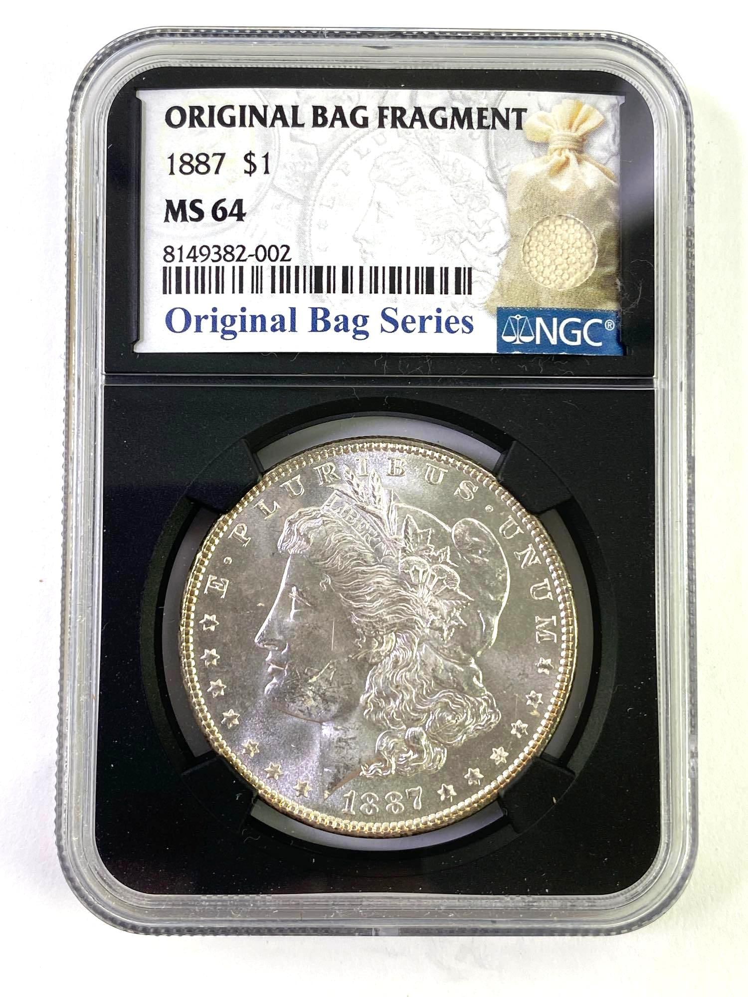 Original Bag Fragment 1887 NGC Graded MS 64 US Morgan Silver Dollar: 1887 NGC Graded US Morgan Silver Dollar