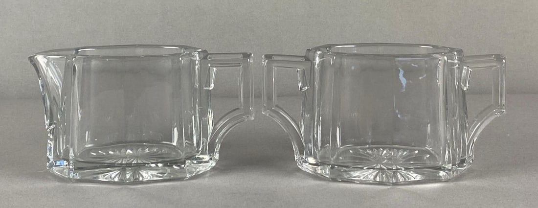 Antique Crystal Glass Creamer and Sugar Set: Starburst cut base, sugar measures