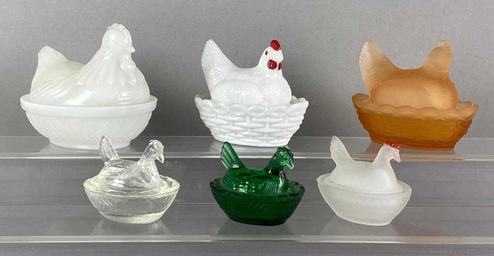 Group of Vintage Glass Chicken Candy Dishes: Largest measures 4 inches H