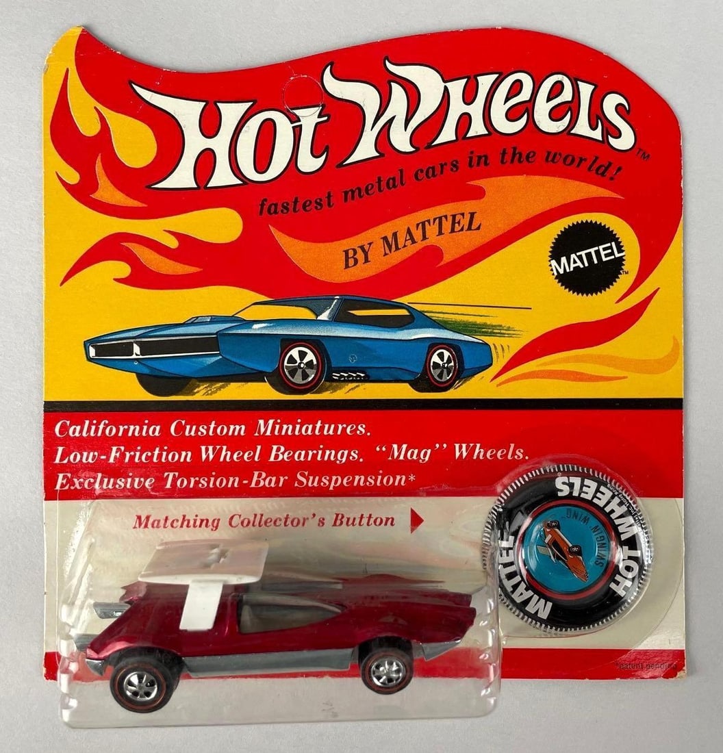 1969 Mattel Hot Wheels Redline Swingin Wing Die-Cast Vehicle: Original Unpunched packaging with button, magenta, clear windshield