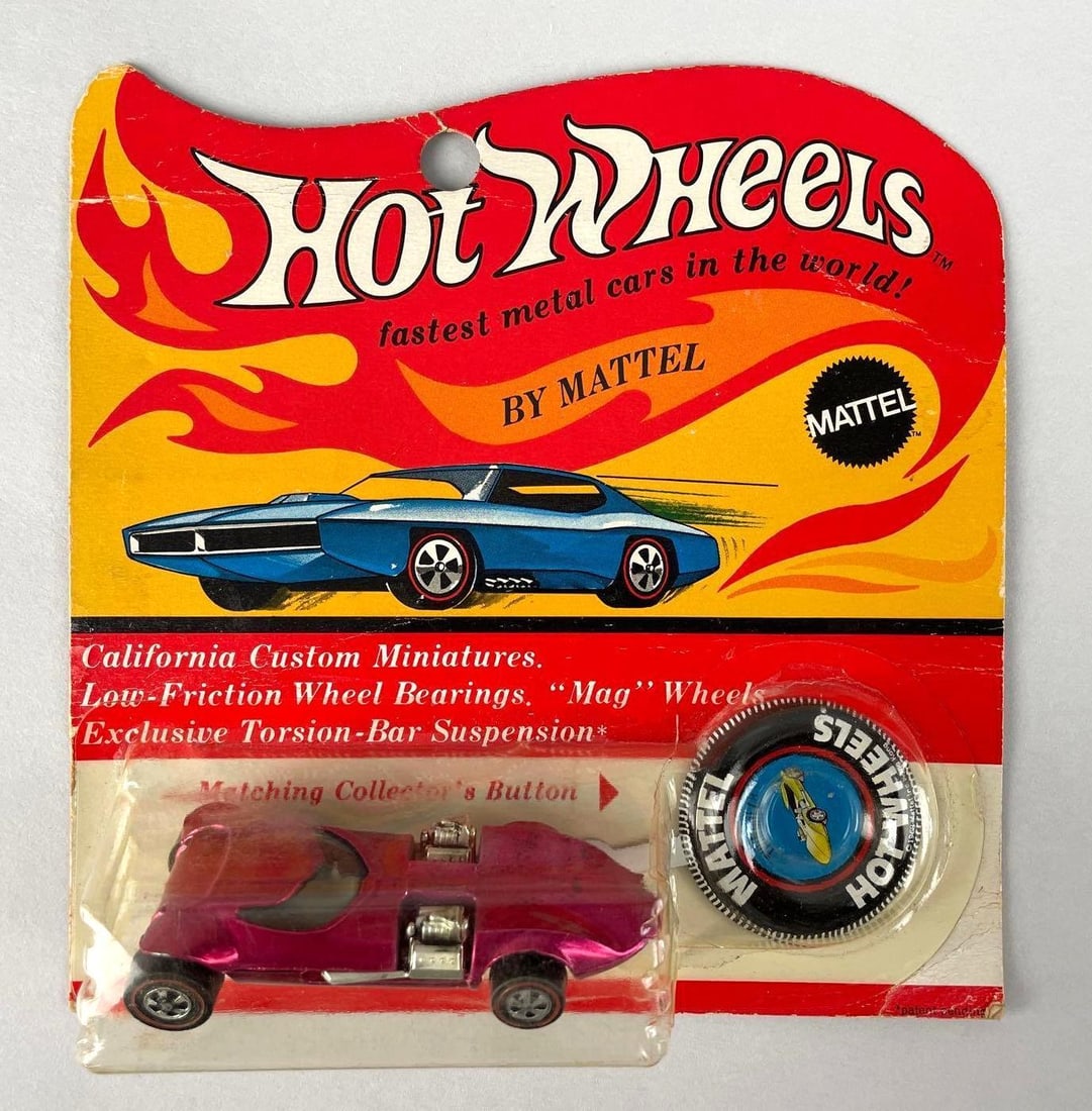 1969 Mattel Hot Wheels Redline Twinmill Die-Cast Vehicle: Original packaging with button, spectraflame magenta, gray tint window