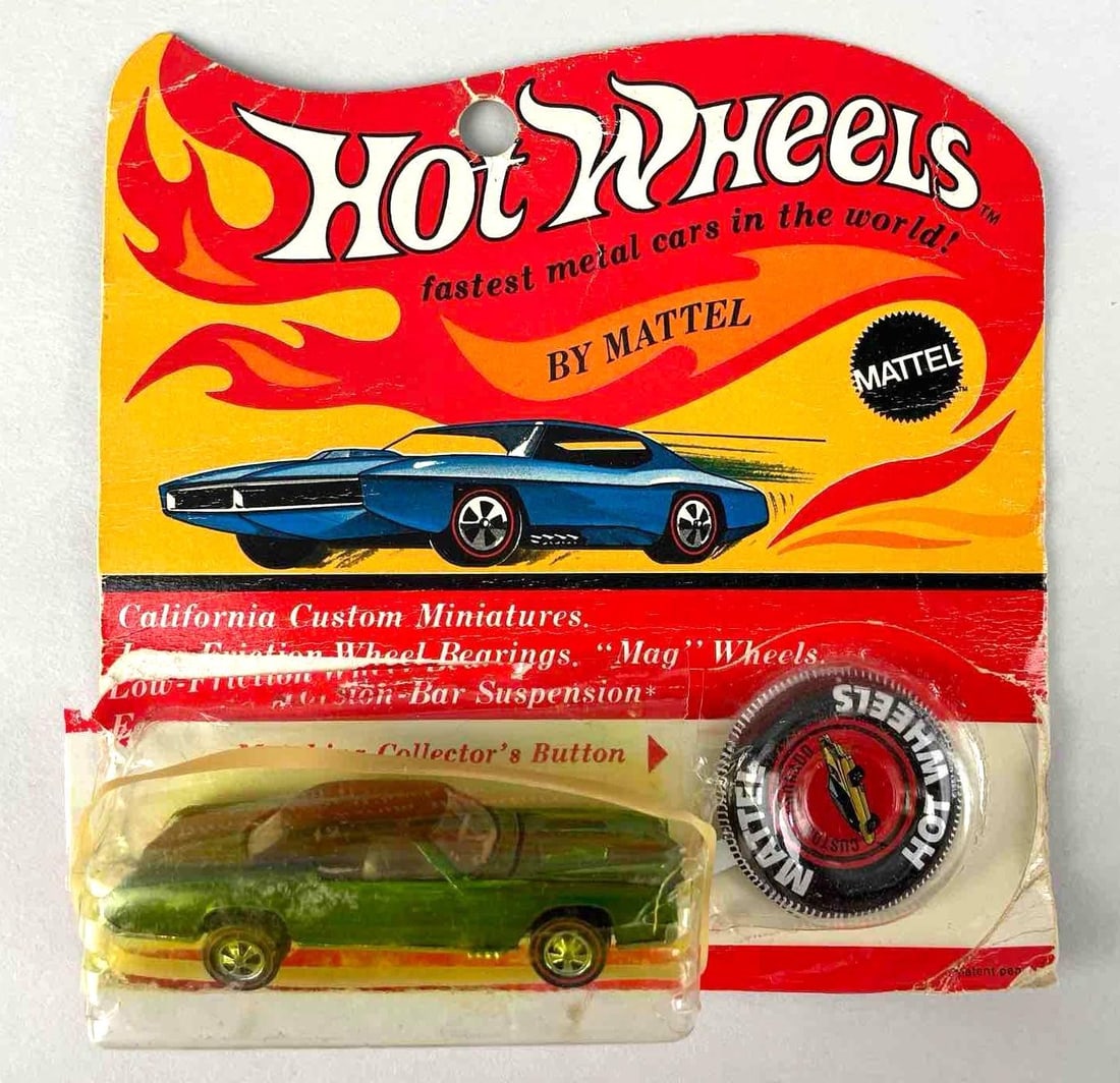 1969 Mattel Hot Wheels Redline Custom Eldorado Die-Cast Vehicle: Opened packaging with button, green and black, clear windows