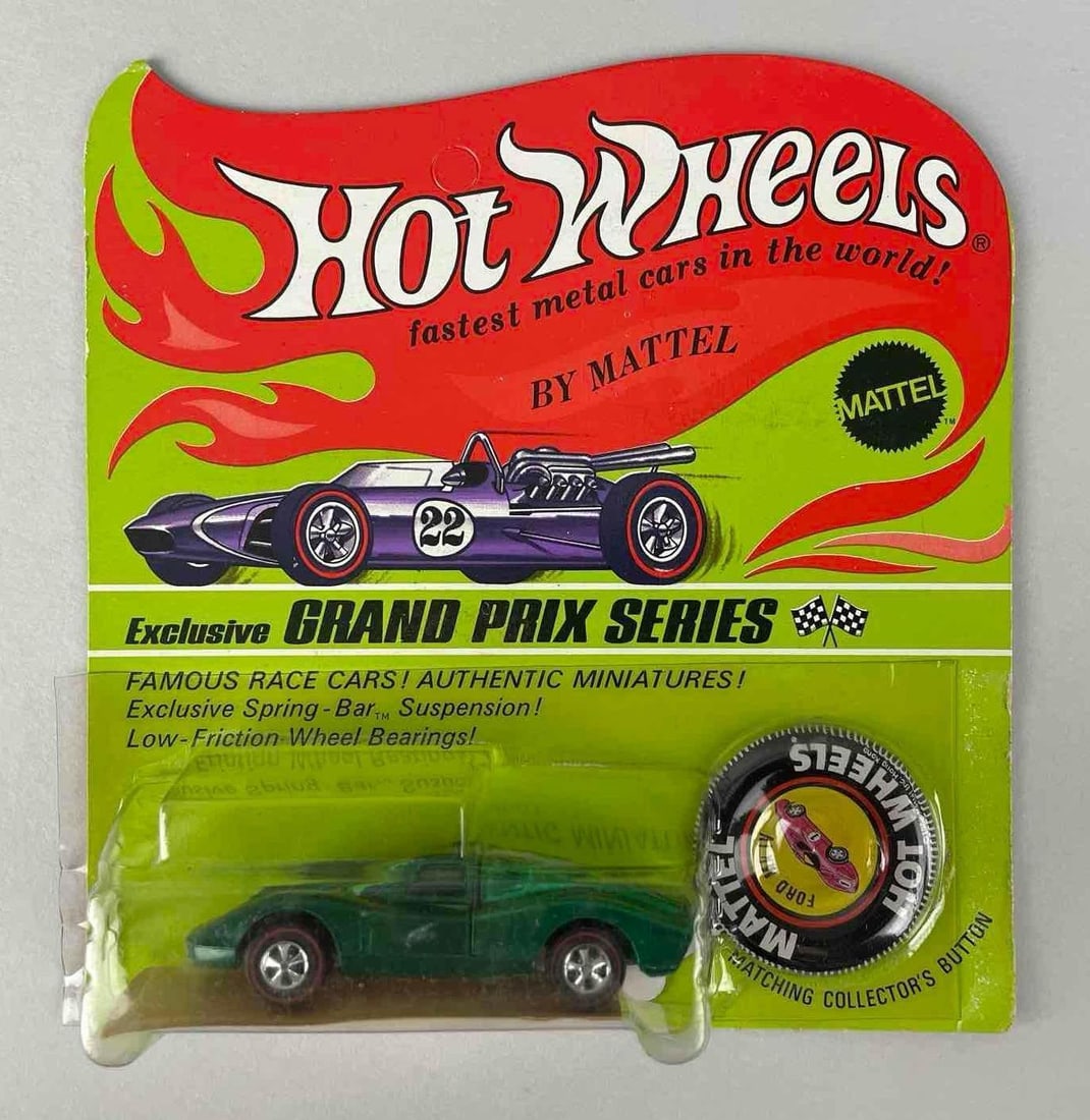 1970 Mattel Hot Wheels Redline Ford Mk IV Die-Cast Vehicle: Original packaging with button, Grand Prix series, green with tinted windows