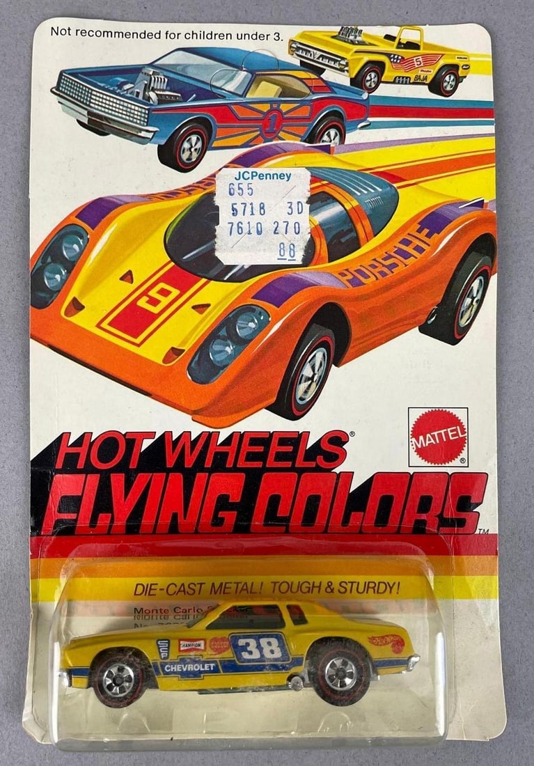 1973 Mattel Hot Wheels Redline Monte Carlo Stocker Die-Cast Vehicle: Original packaging, flying colors yellow 38, unpunched