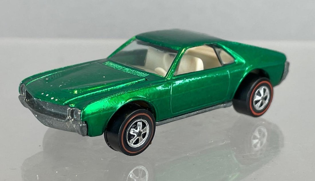 Mattel Hot Wheels Redline Custom AMX Die-Cast Vehicle: Spectraflame green, white interior, clear windows