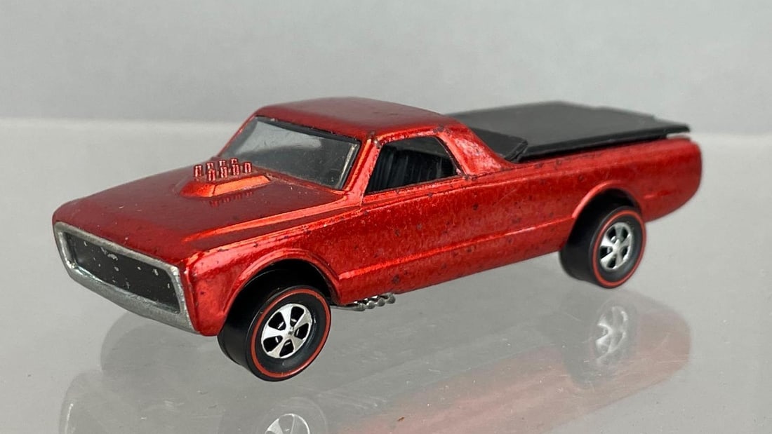 Mattel Hot Wheels Redline Custom Fleetside Die-Cast Vehicle: Spectraflame red, black interior, clear windows