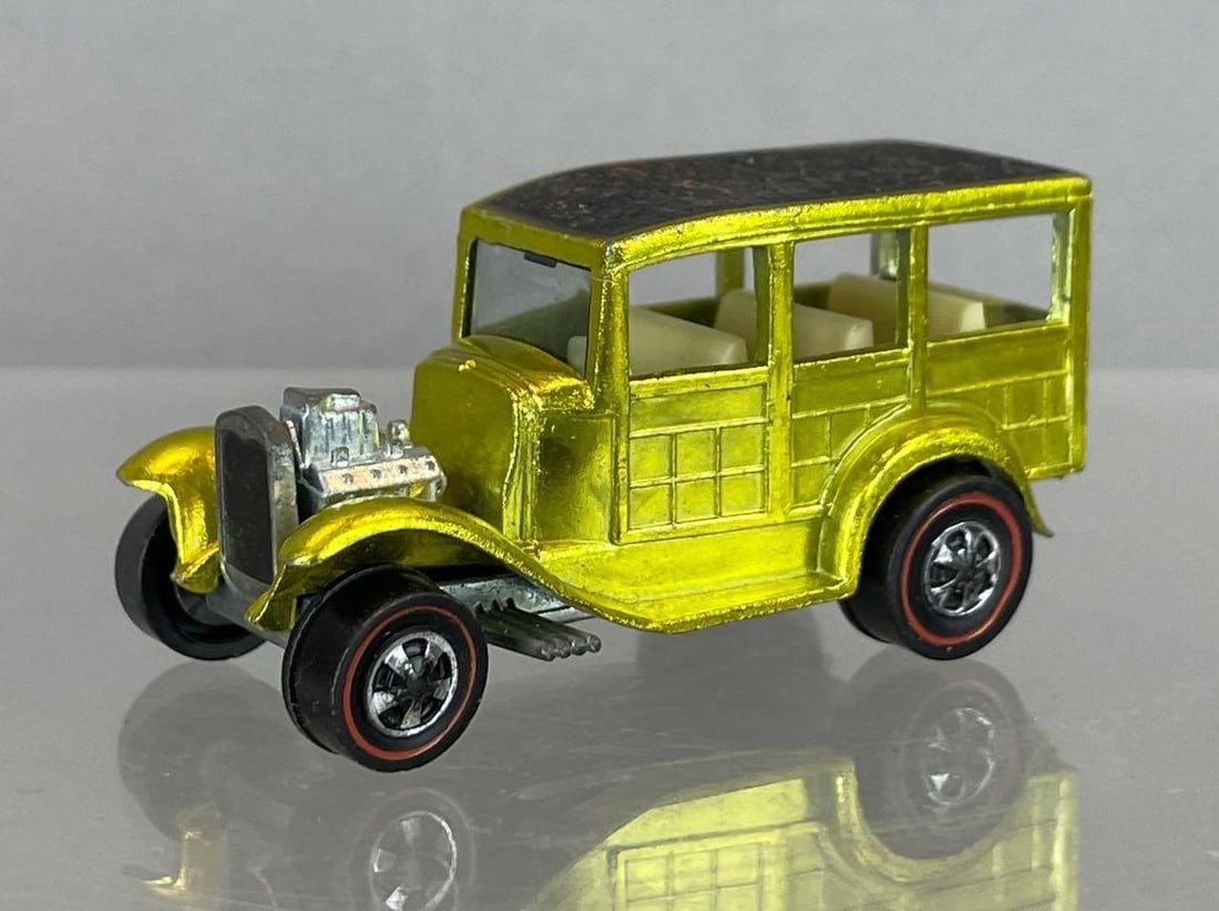 Mattel Hot Wheels Redline Classic 31 Ford Woody Die-Cast Vehicle: Yellow green, black roof, light blue windshield, cream interior