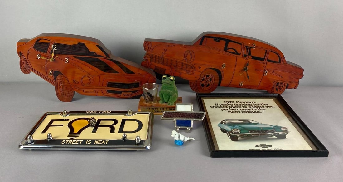Group of Automobile Items and More: Includes souvenir frog shot glass holder, stained glass chevy emblem, 2 handmade wood car clocks and more, largest measures 8 inches H x 21 inches W x 2 inches D