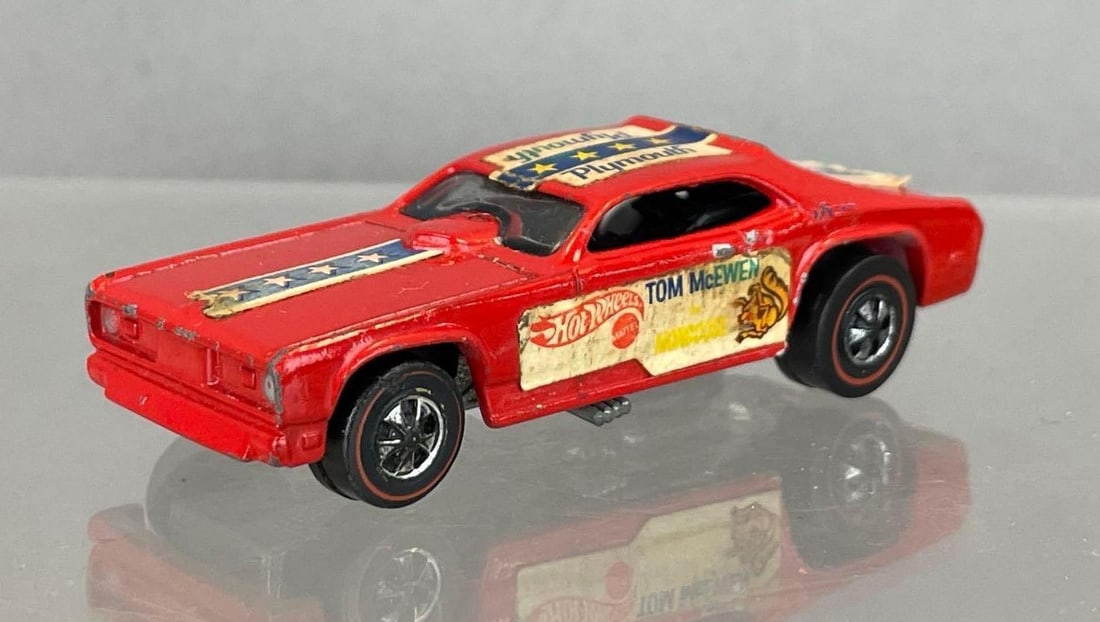Mattel Hot Wheels Redline Tom McEwan Mongoose Die-Cast Vehicle: Coca-Cola Plymouth, red, black interior, blue windows