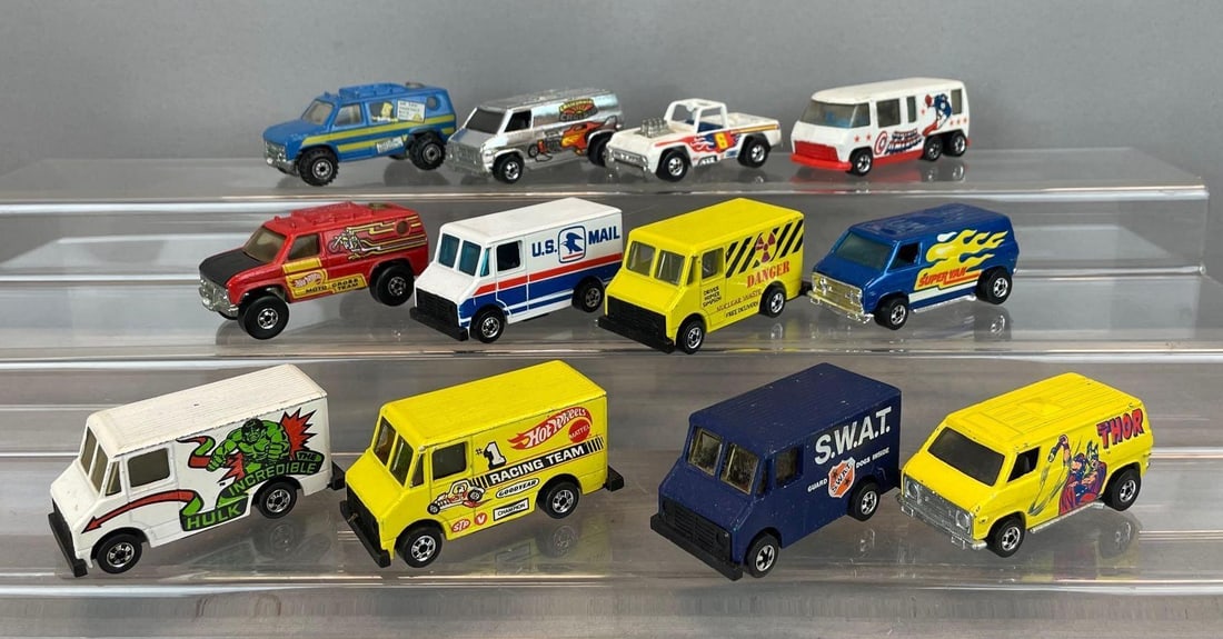 Group of 1970s / 80s Mattel Hot Wheels Die-Cast Vehicles: Includes vans, the Incredible Hulk, Thor, Captain America