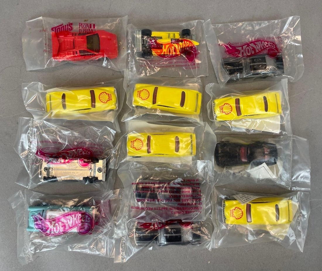 Group of Mattel Hot Wheels Die-Cast Vehicles: Toy Premiums, Shell, Wendys, Tonys pizza