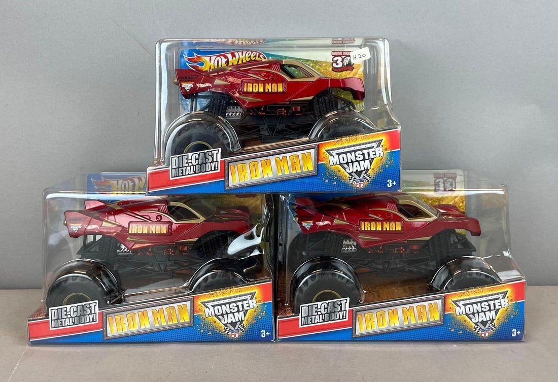 Group of Hot Wheels Monster Jam Iron Man Die-Cast Monster Trucks: Grave digger 30th anniversary, original packaging
