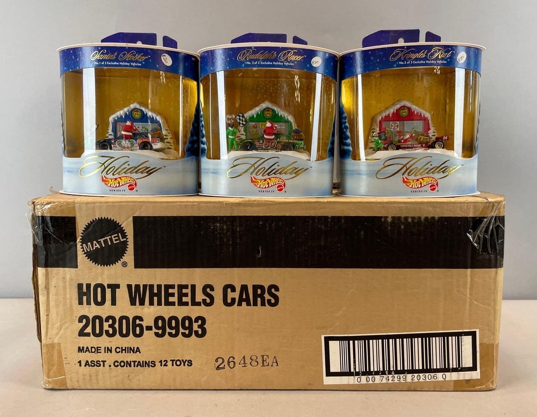 Group of Mattel Hot 11 Wheels Holiday Die-Cast Vehicles: 1 missing from original shipping box, box measures 8 inches x 19 inches x 13 inches