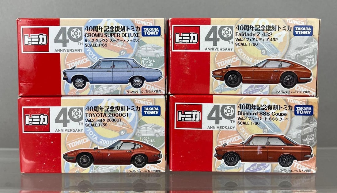 Group of Takara Tomy 49th Anniversary Die-Cast Vehicles: Includes Toyota 2000GT, crown super deluxe, 1/64 scale