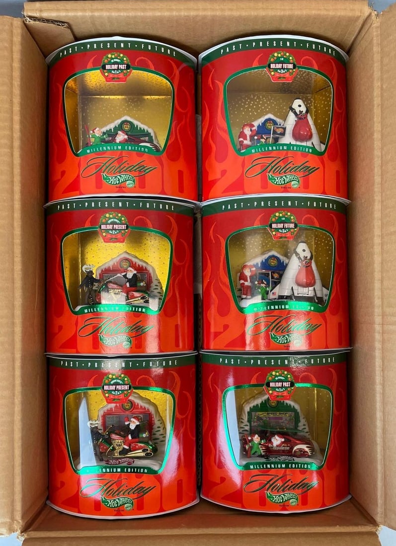 Group of 12 Mattel Hot Wheels Holiday Die-Cast Vehicle Sets: Millennium edition, 4 sets of 3, original shipping box measures 8 inches x 18 inches x 13 inches