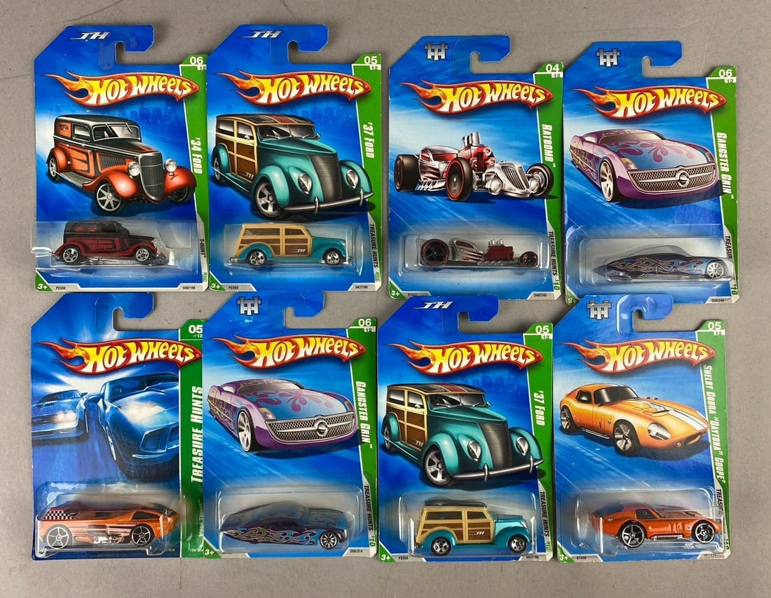 Group of 8 Mattel HotWheels: Treasure Hunts 1/64 Scale Die-Cast Vehicles: Like new in original packaging.