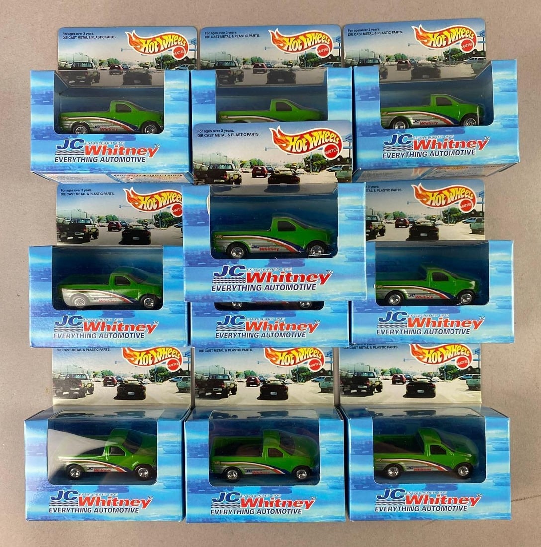Group of 10 1997 Mattel HotWheels JC Whitney Advertising 1/64 Scale Die-Cast Vehicles: Like new in original packaging.