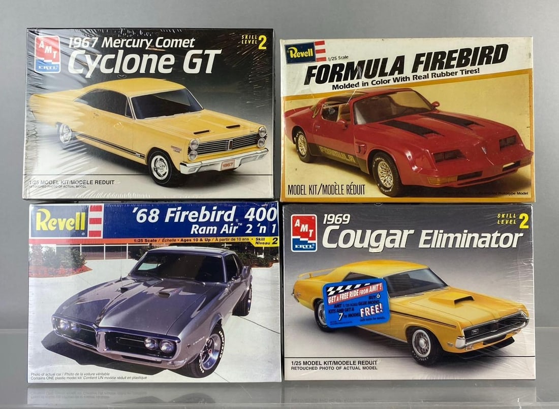 Group of 4 Mercury 1/24 Scale Model Kits and More: Includes 1968 Firebird, 1969 Cougar Eliminator, and more. Like new in original packaging