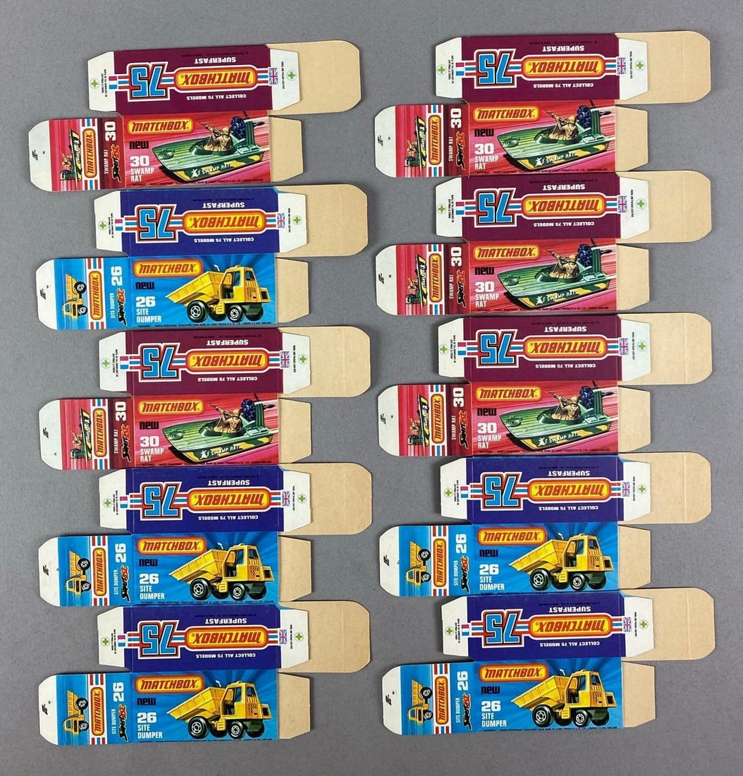 Group of Lesney Matchbox Type J Boxes: Includes Site Dumper, Swamp rat and more
