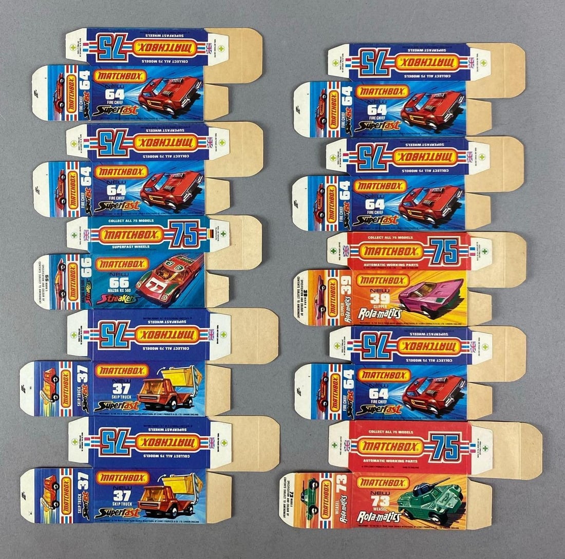 Group of Lesney Matchbox Type J Boxes: Includes weasel, skip truck and more