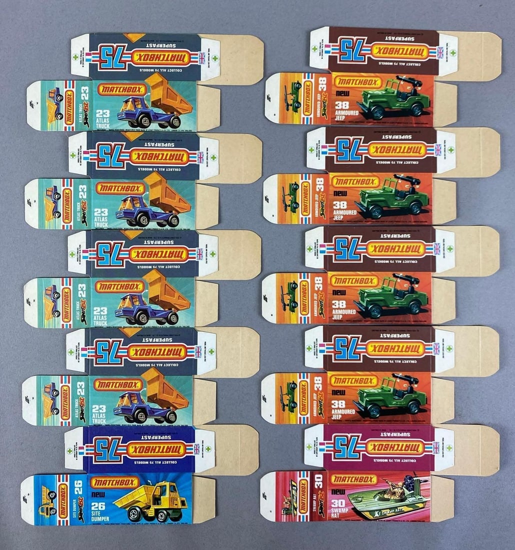 Group of Lesney Matchbox Type J Boxes: Includes Swamp rat, site dumper and more
