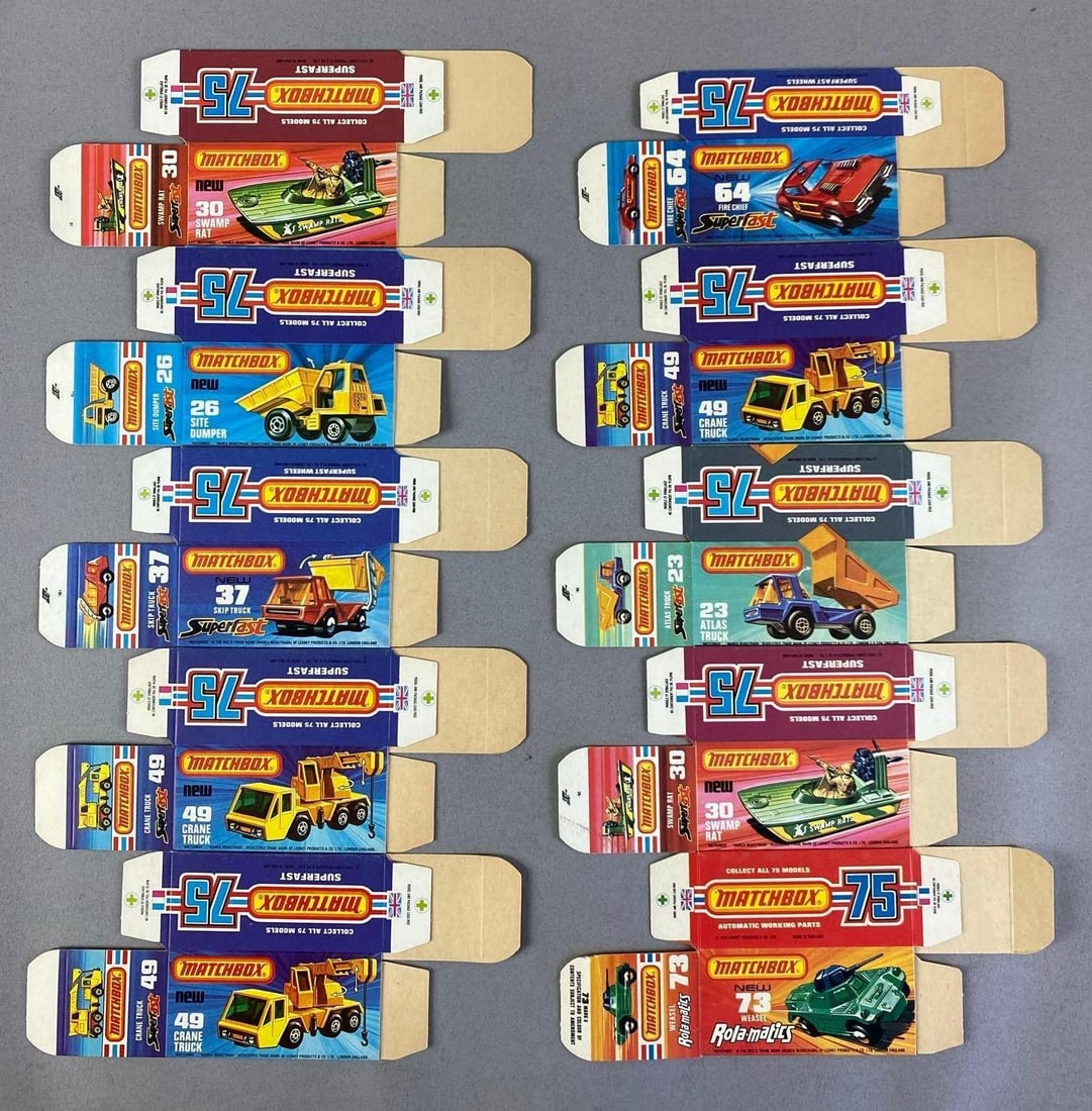 Group of Lesney Matchbox Type J Boxes: Includes weasel, crane truck and more