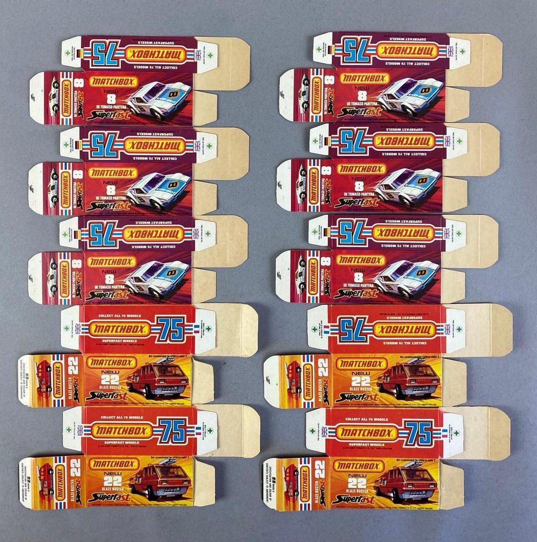 Group of Lesney Matchbox Type J Boxes: Includes blaze buster and De Tomaso Pantera