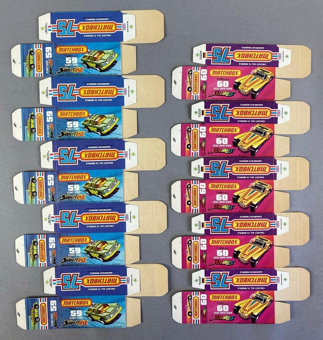 Group of Lesney Matchbox Type J Boxes: Includes Planet scout and lotus super seven