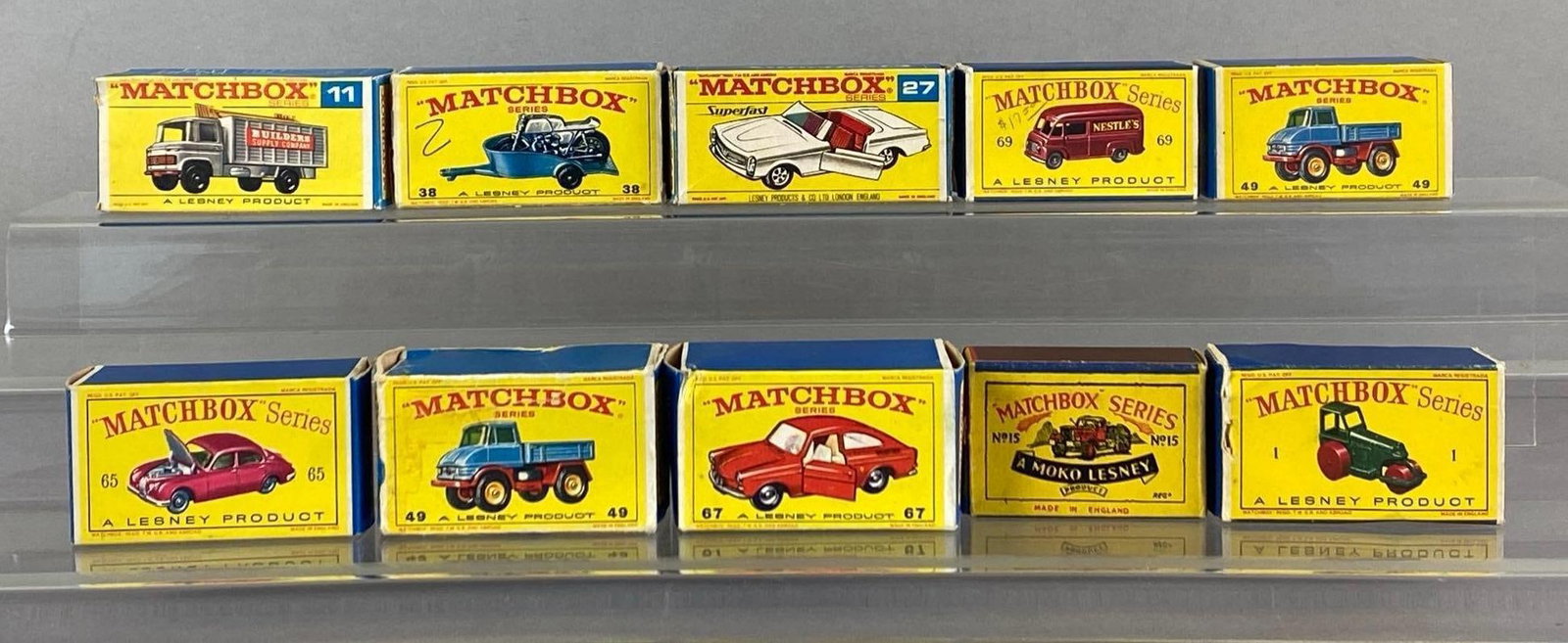 Group of Lesney Matchbox Type D-F Boxes: Includes diesel road roller, Volkswagen 1600TL, Unimog, some wear and damage