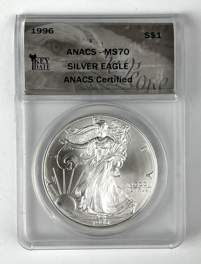 1996 US $1 American Silver Eagle 1 oz Fine Silver ANACS MS70 (1 of 2)
