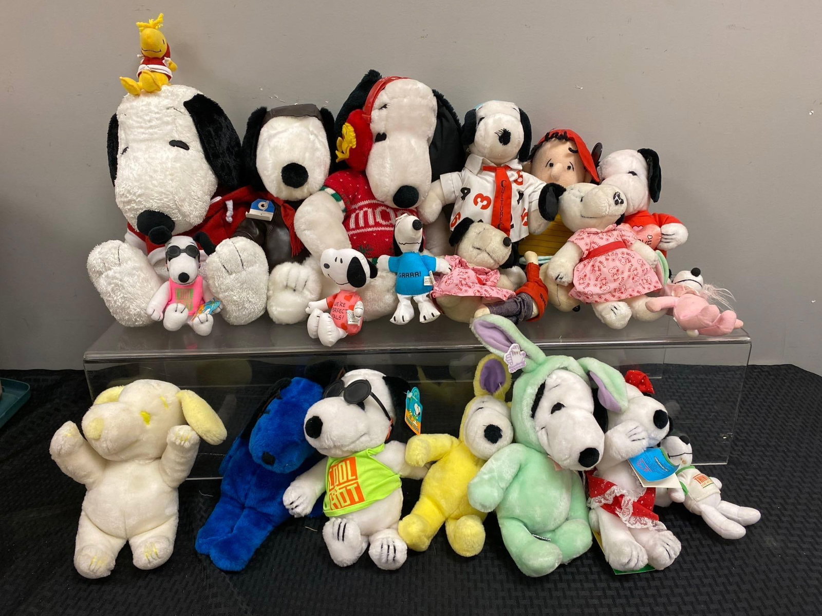 Group of 20 Peanuts Snoopy Plushies: Various conditions. Tallest measures 12 inches.