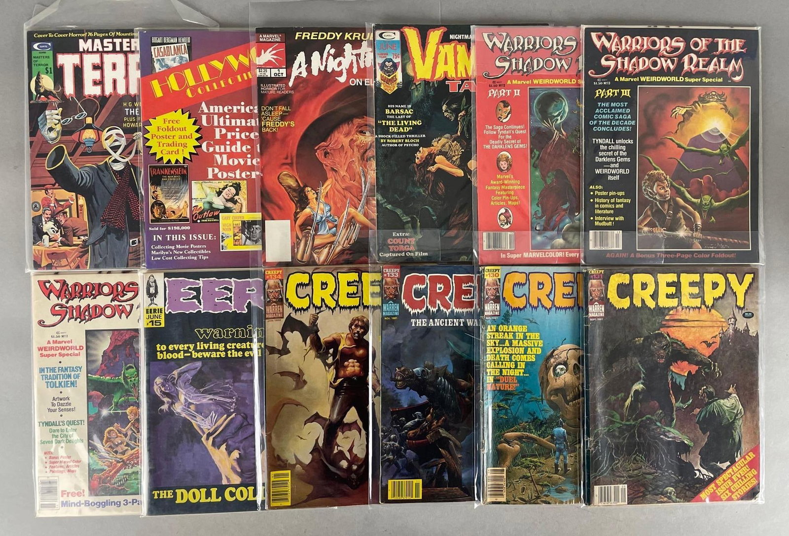 Group of Horror Comic Magazines: Includes Creepy, marvel nightmare on elm street, eerie. Bagged