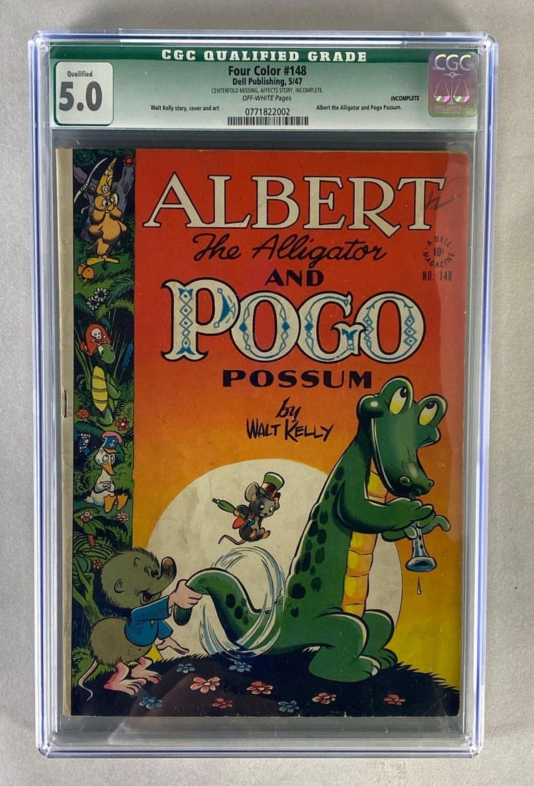 CGC Graded Dell Publishing Four Color No. 148: CGC 5.0, Albert the Alligator and Pogo Possum, Centerfold Missing, Affects Story, Incomplete, May 1947, Golden Age, $.10.
