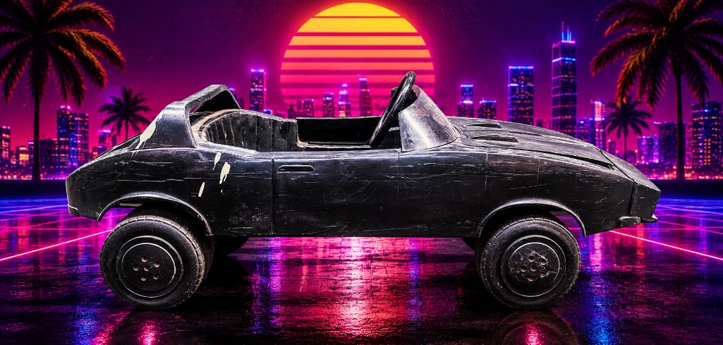 1980s Coleco Knight Rider KITT Pedal Car: NO INHOUSE SHIPPING, 3rd party shipper required. Missing decals, paint splatter, needs repairs, measures H 17 inches x L 46 inches x D 17 inches