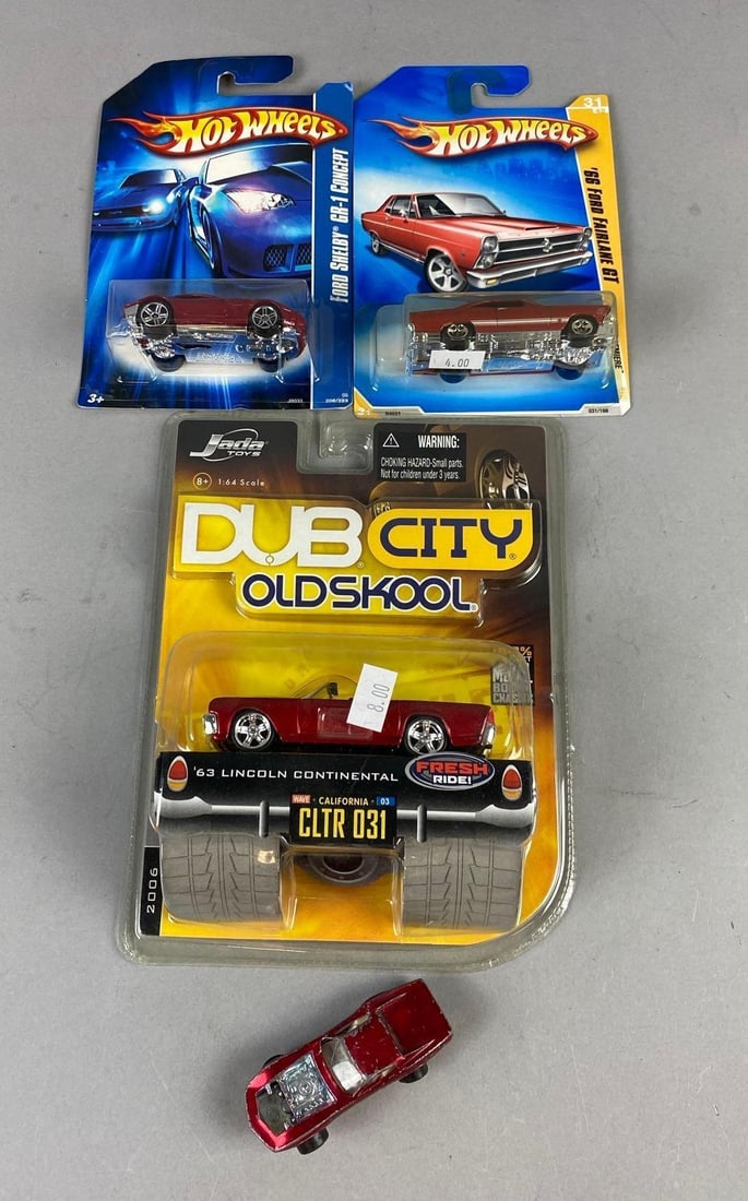 Group of 4 Mattel Hot wheels Die Cast Vehicles and More: Includes Jada ToysDub City Lincoln Continental.