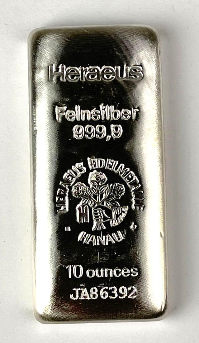 Heraeus Hanau 10 oz 999.9 Fine Silver Ingot/ Bar (1 of 2)