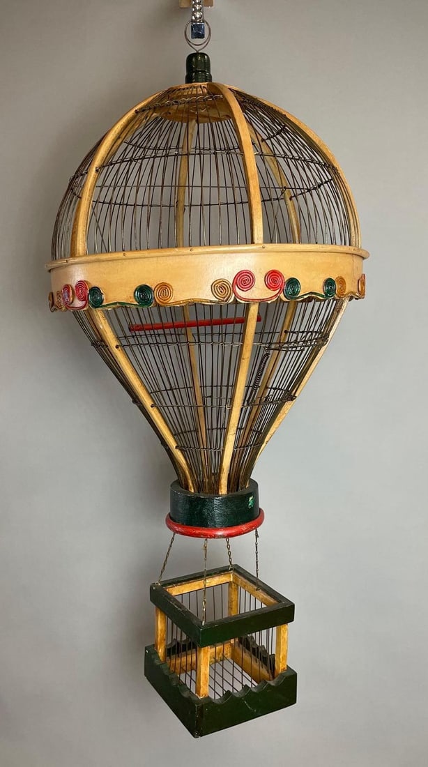 Large Wood and Wire Hot Air Balloon Bird Cage: One chain disconnected from basket, measures 39 inches x 17 inches