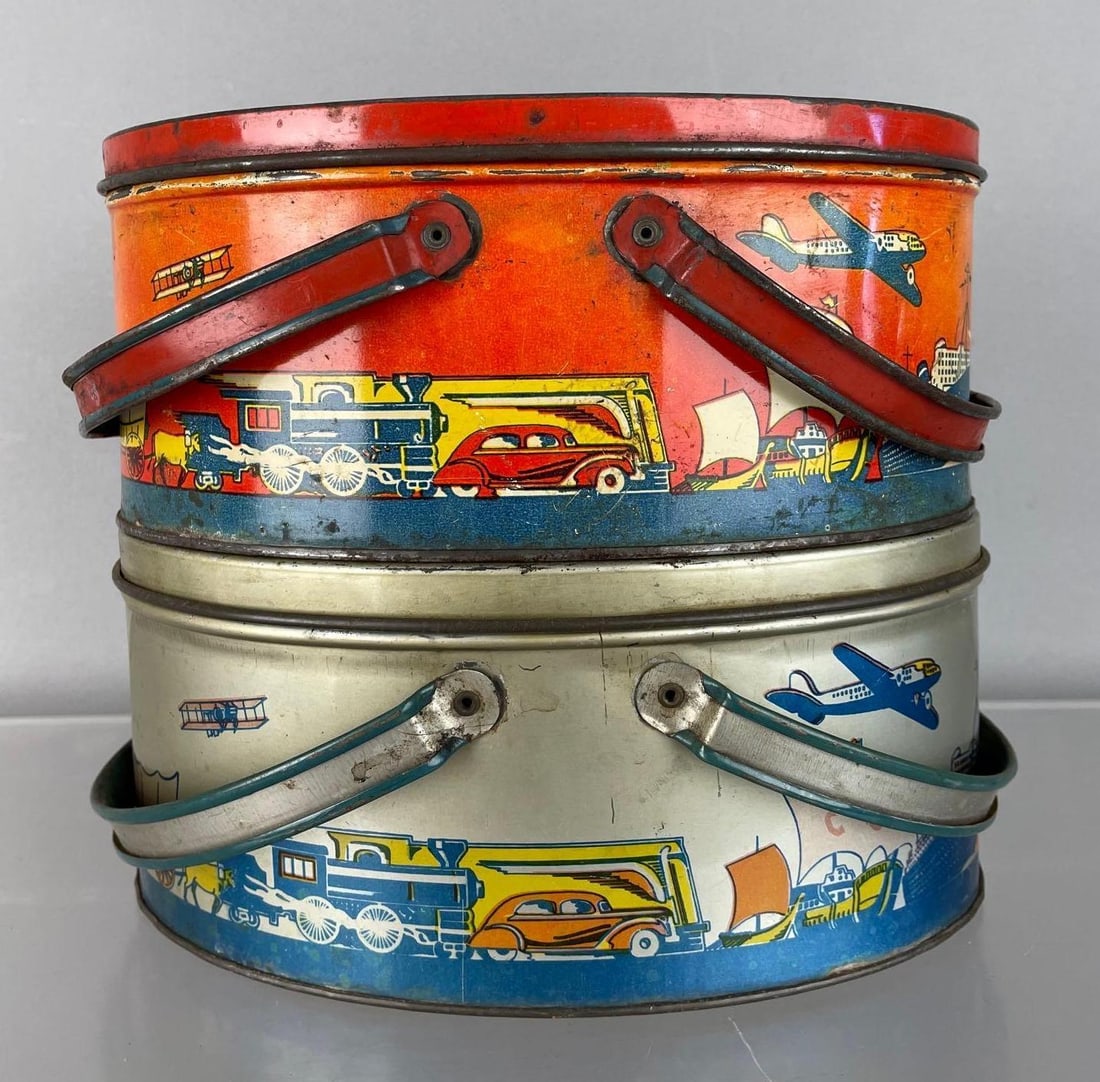 Group of 2 Vintage Ohio Art Metal Transportation Lunchboxes: Each measure 4 inches x 9 inches x 6 inches