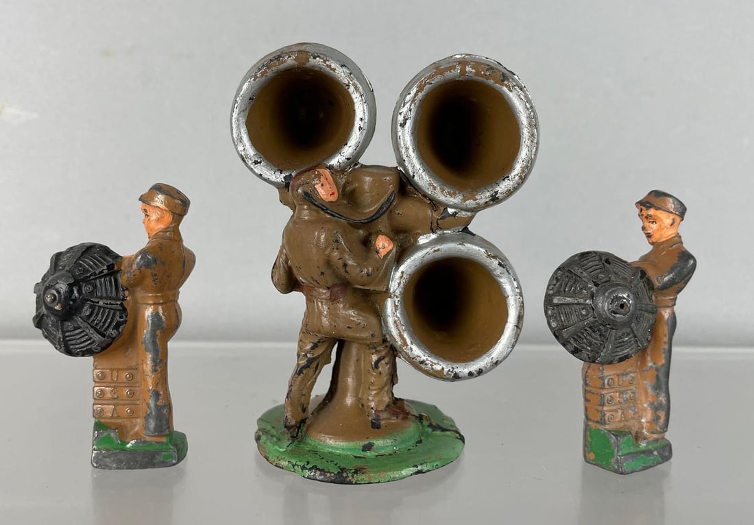 Group of 2 Vintage Barclay Lead Toy Soldiers and More: Includes auburn rubber sound detector figure measuring 4 1/4 inches tall