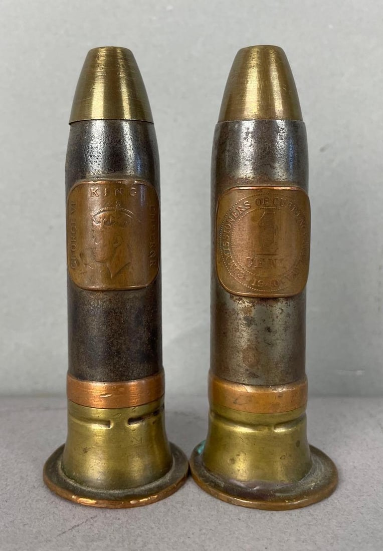 Pair of WW2 Era Australian Trench Art Style Salt and Pepper Shakers: Coins on bases, measures 3 1/2 inches