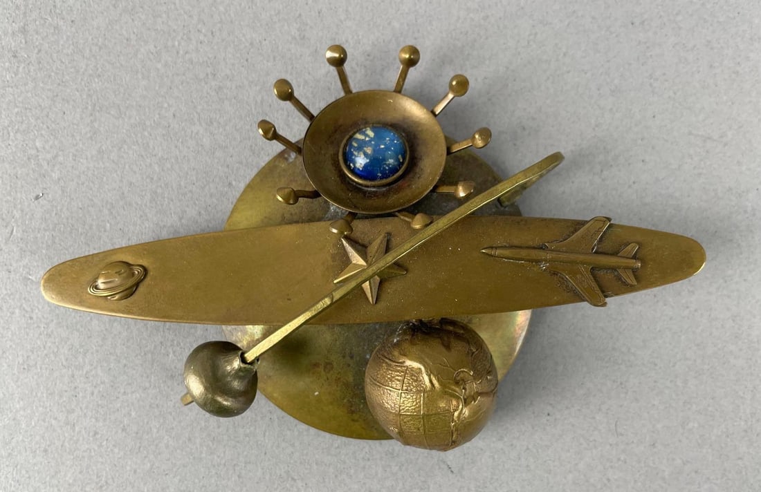 Vintage Bronze Space Themed Brooch: Jan Michaels style, measures 3 inches x 4 1/2 inches